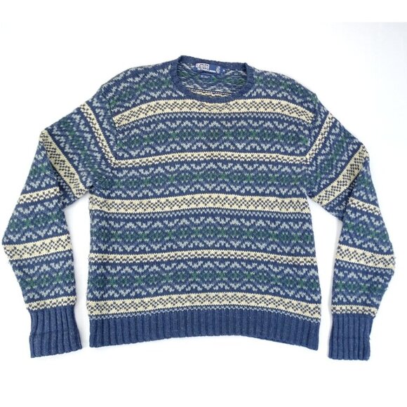 Vintage Polo Ralph Lauren Sweater Sz M Italian Yarn Cotton Linen Blue Fair‎ Isle - Picture 1 of 5